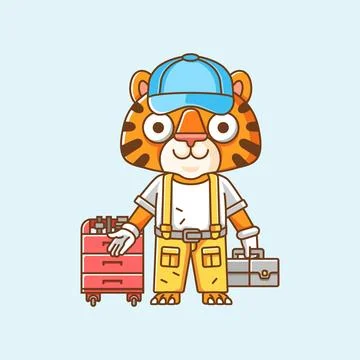 Cute tiger mechanic with tool at workshop cartoon animal character mascot Stock Illustration