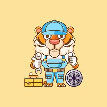 Cute tiger mechanic with tool at workshop cartoon animal character mascot icon Illustrazione stock