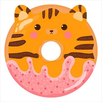 Cute tiger or red cat with face donut with pink glaze, tasty sweets for kids  Stock Illustration