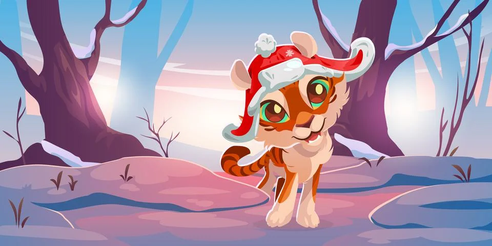 Cute tiger in red hat in winter forest Stock Illustration