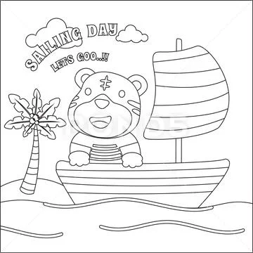 Cute tiger sailor on the boat with cartoon style. Creative vector ~ Clip  Art #235640791