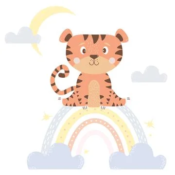 A cute tiger sits on a rainbow with clouds and the moon. Vector illustration. Sc Stock Illustration