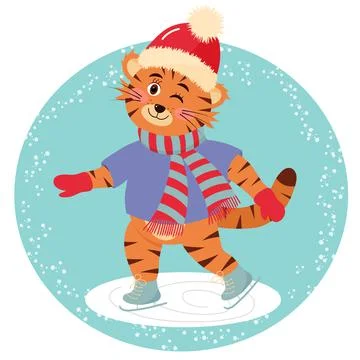 Cute tiger is skating in hat and scarf. Stock Illustration