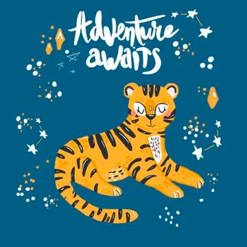 Cute tiger in space vector print, spaceships, Hand drawn vector illustration. Stock Illustration
