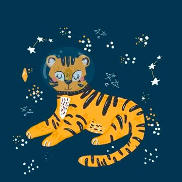 Cute tiger in space vector print, spaceships, Hand drawn vector illustration. Stock Illustration