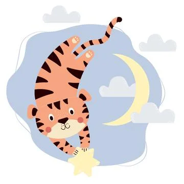 Cute tiger with a star on a background of blue sky, moon and clouds. Vector Stock Illustration