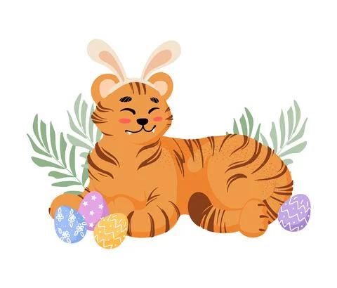 A cute tiger, symbol of the Chinese New Year, celebrates Easter. Painted eggs Stock Illustration