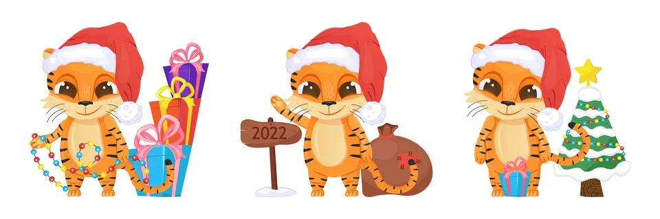 Cute tiger vector set. Happy Chinese New Year 2022 symbol. Funny tiger kid wi Illustrazione stock