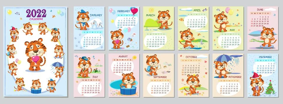 Cute Tiger Wall Calendar Template for 2022, Year of the Tiger, Chinese Calendar Stock Illustration
