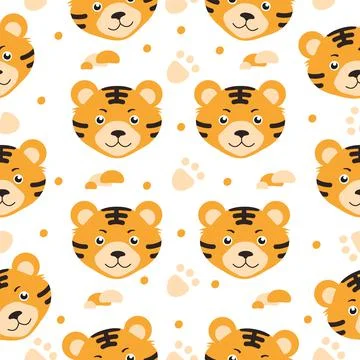 Cute tiger on a white background with dots, spots and footprints Stock Illustration