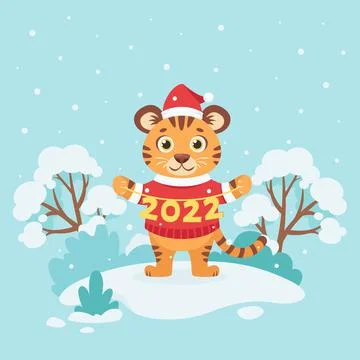 Cute tiger on winter background. Year of the tiger 2022. Vector illustration Stock Illustration