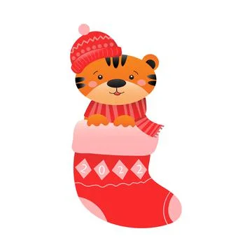 A cute tiger in a winter hat and scarf, sitting in a Christmas sock. New Year Stock Illustration