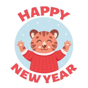Cute tiger wishes Happy New Year 2022. Year of the tiger. Иллюстрация