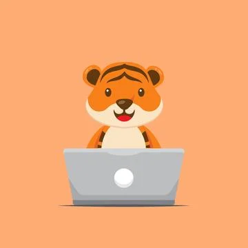Cute Tiger Working with Laptop Stock Illustration