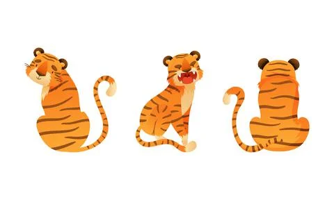Cute tigers set. Back and side view of wild jungle predator animal cartoon Illustrazione stock