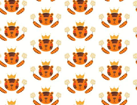 Cute tigers with sparklers seamless pattern イラスト素材