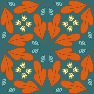 Cute tile seamless pattern with leaf and berry, orange green emerald, for tex Stock Illustration