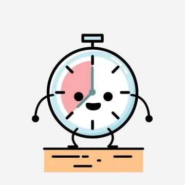Cute Timer Clock Mascot Vector Character in Flat Design Style Stock Illustration