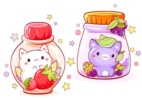 Cute tiny cat with berries in glass bottle. Set of cute animals. Kawaii kit.. Stock Illustration