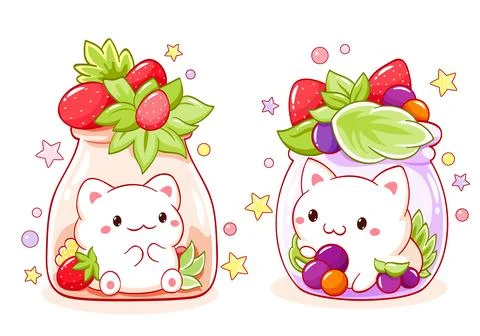 Cute tiny cat with berries in glass bottle. Set of cute animals. Kawaii kit.. Stock Illustration