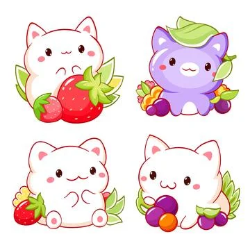 Cute tiny cat with berries. Set of cute animals. Kawaii kitty with strawber.. Stock Illustration