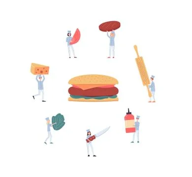 Cute tiny cooks cooking a big cheeseburger vector isolated illustration. Stock Illustration