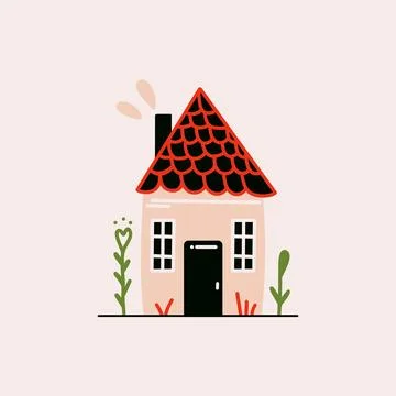 Cute tiny flat house. Cartoon traditional forest one storey cottage with chimney Stock Illustration