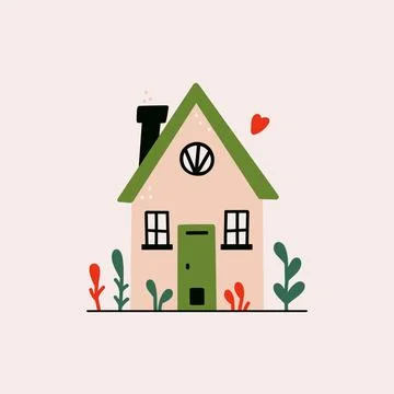 Cute tiny flat house. Cartoon one story cottage with chimney, forest cabin home Stock Illustration