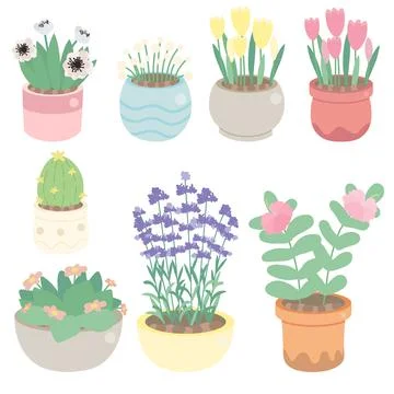 Cute tiny flower in pot collection Stock Illustration