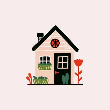 Cute tiny house. Cartoon one storey cottage with chimney and garden, traditional Stock Illustration