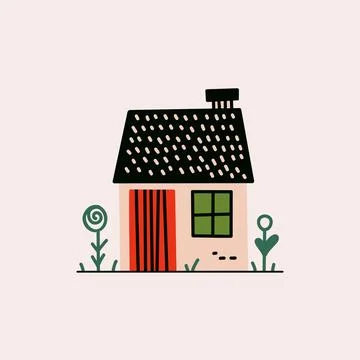 Cute tiny house drawing. Cartoon cottage building with chimney, traditional Stock Illustration