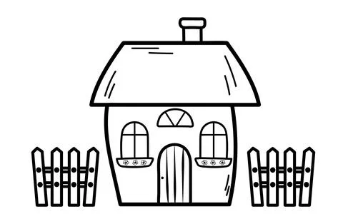 Cute tiny house with fence in doodle style. Sweet home. Stock Illustration