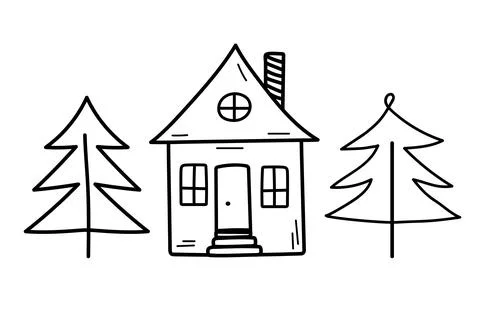 Cute tiny house with fir trees in doodle style. Sweet home. Vector hand-dra.. Ilustración de archivo