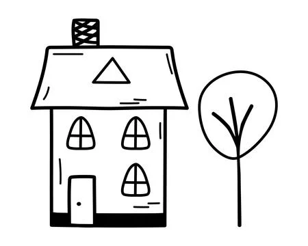 Cute tiny house with tree in doodle style. Sweet home. Vector hand-drawn il.. Ilustración de archivo