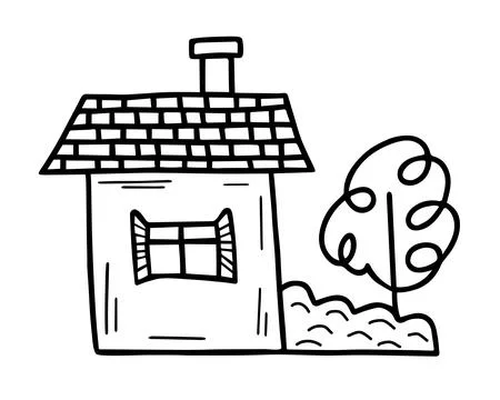 Cute tiny house with tree in doodle style. Sweet home. Vector hand-drawn il.. Ilustración de archivo