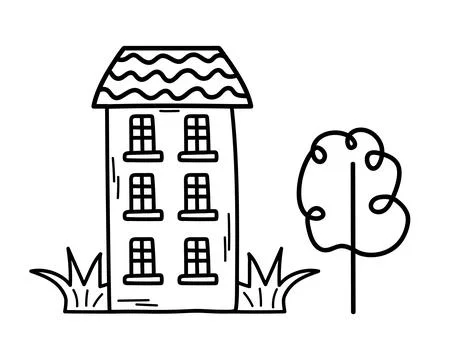 Cute tiny house with tree in doodle style. Sweet home. Vector hand-drawn il.. Ilustración de archivo