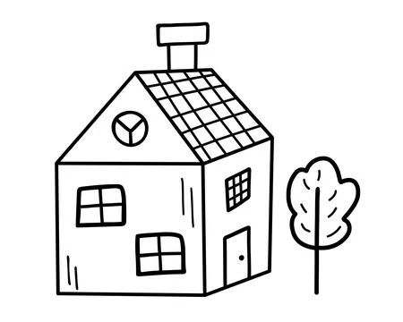 Cute tiny house with tree in doodle style. Sweet home. Illustrazione stock