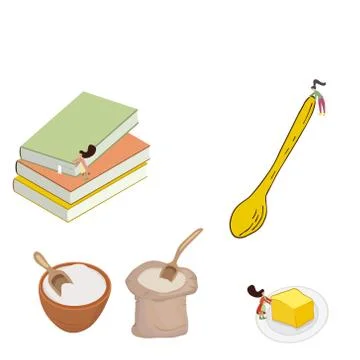 Cute tiny people preparing ingredients and recipe books. Stock Illustration
