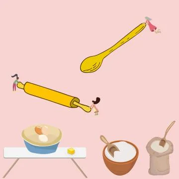 Cute tiny women preparing ingredients. Stock Illustration