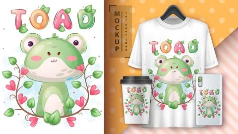 Cute toad in flower poster and merchandising. Stock Illustration