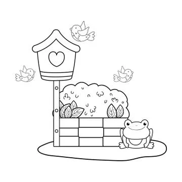 Cute toad in the landscape with birdhouse Stock Illustration
