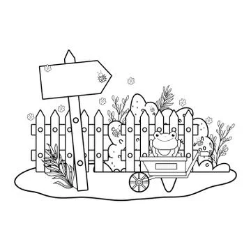 Cute toad with wheelbarrow character Stock Illustration