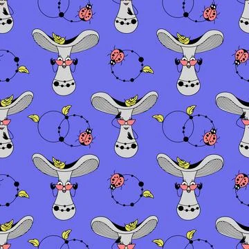 Cute toadstool mushroom seamless pattern. Blue background with fungus and l.. Stock Illustration