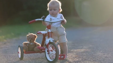 Cute toddler child, boy, playing with tricycle in backyard, kid riding bike o Stock Footage