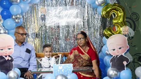 Cute Toddler Posing With Grandparents At Third Birthday Celebration Event Stock Footage 338079955