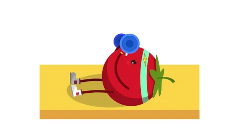 Cute tomato character doing bench press workout with a barbell animation loop Stock Footage 114995251