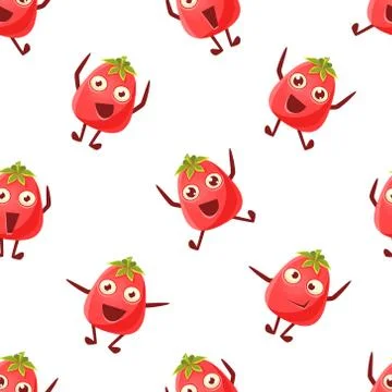 Cute Tomato Character Seamless Pattern, Funny Emotional Vegetable, Design Stock Illustration