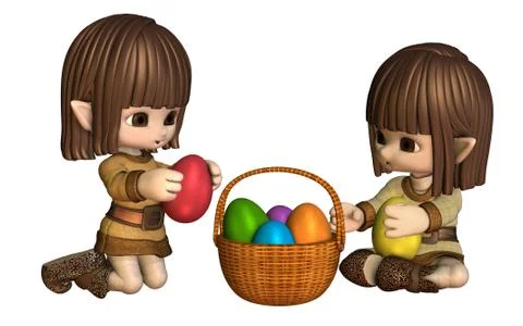 Cute Toon Easter Elves with Basket of Eggs Stock Illustration