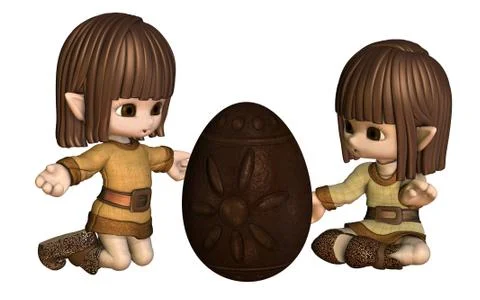 Cute Toon Easter Elves with Chocolate Egg Stock Illustration