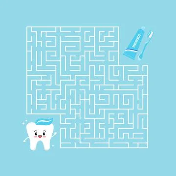 Cute tooth and toothpaste with toothbrush maze game labyrinth. Stock Illustration